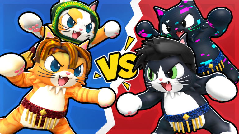 Promotional versus artwork for Cat Battles showing blue and red teams of stylized battle cats facing off across a split screen.